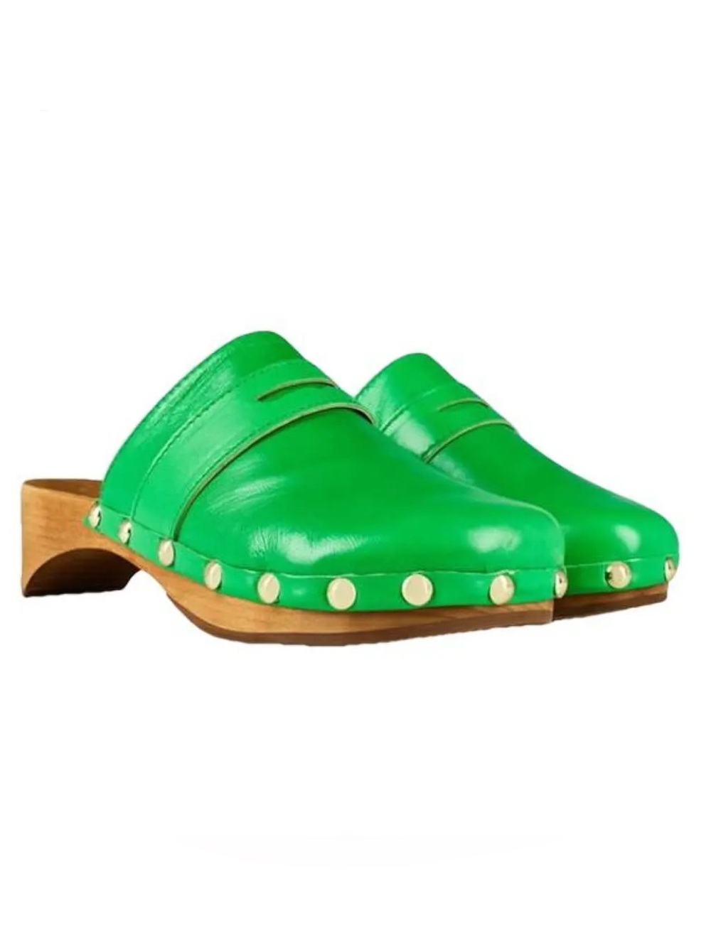 By Far Hans Boho Wooden Mules Clogs Size 9 Green Patent Leather Studded Slip On